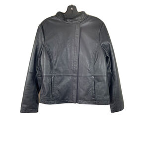 J.McLaughlin Buttery Leather Black Jacket Zip Pockets Snap Neck/ Cuffs Large L/N